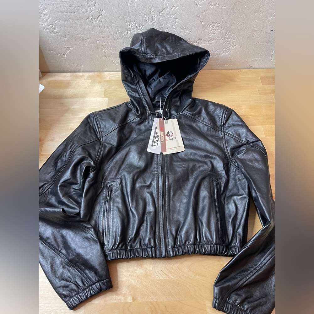 J4 jacket women’s Black Leather Hooded Jacket size XS